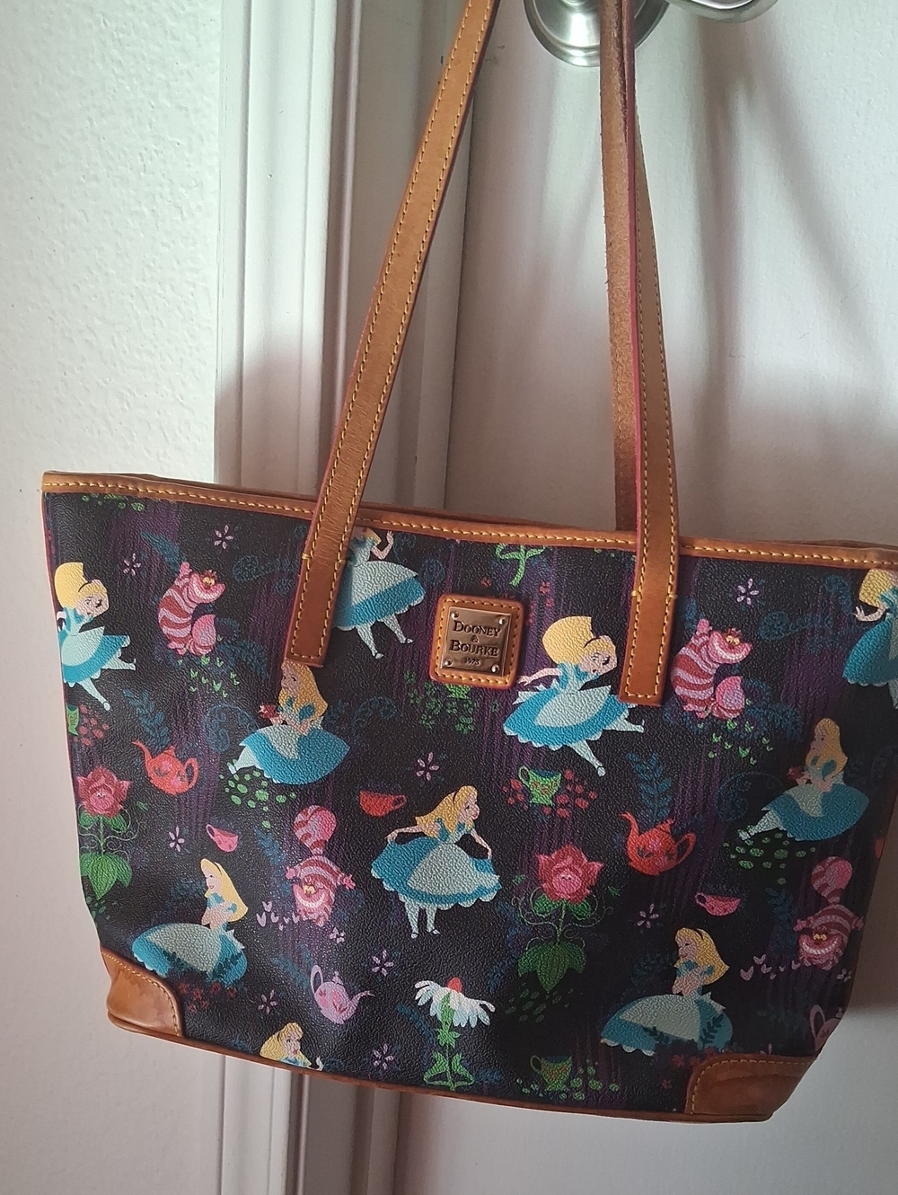 Dooney & Bourke Black Multicolor Alice Print Tote with Brown Leather Trim